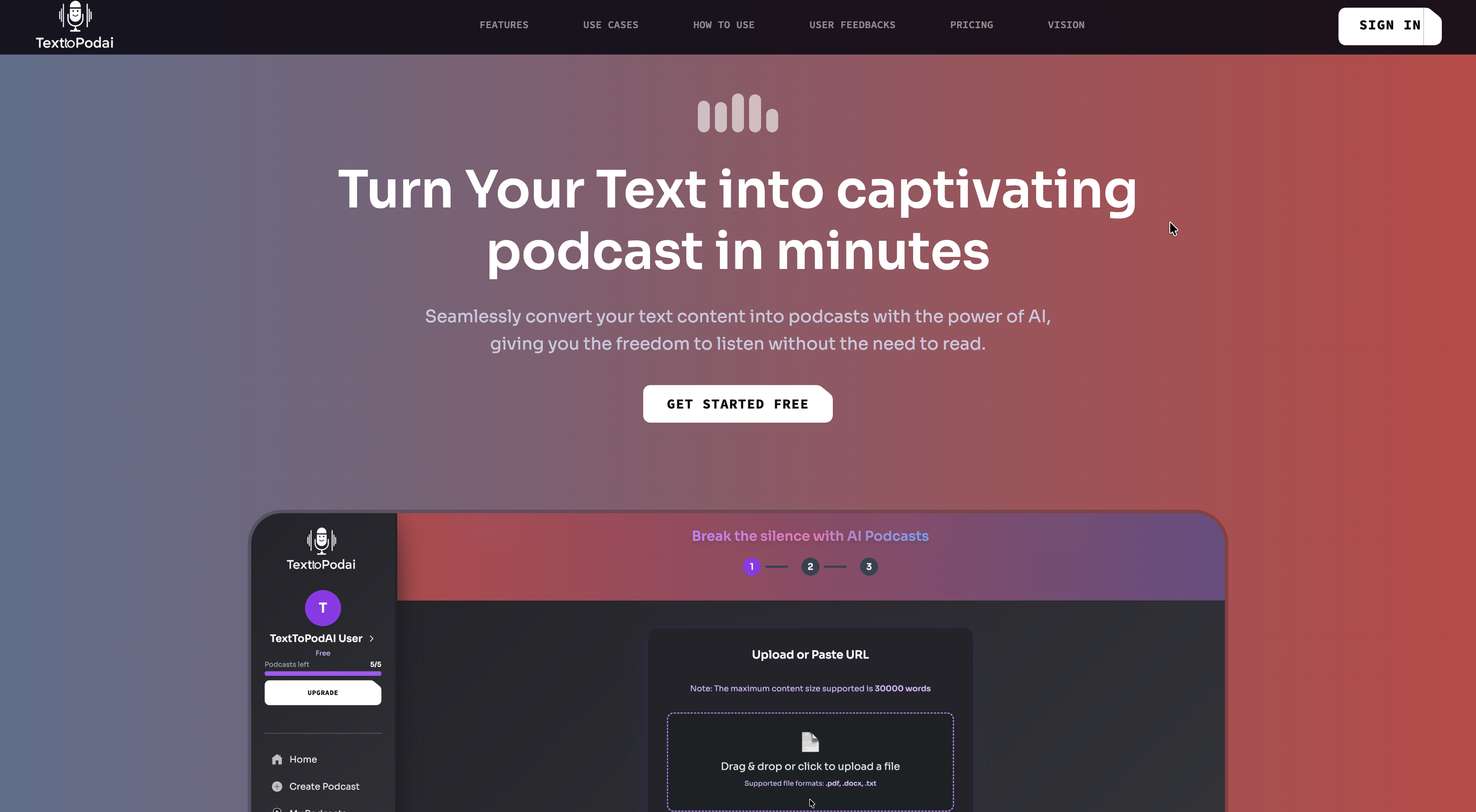 TextToPodAI - Screenshot 2 showing product features and functionality