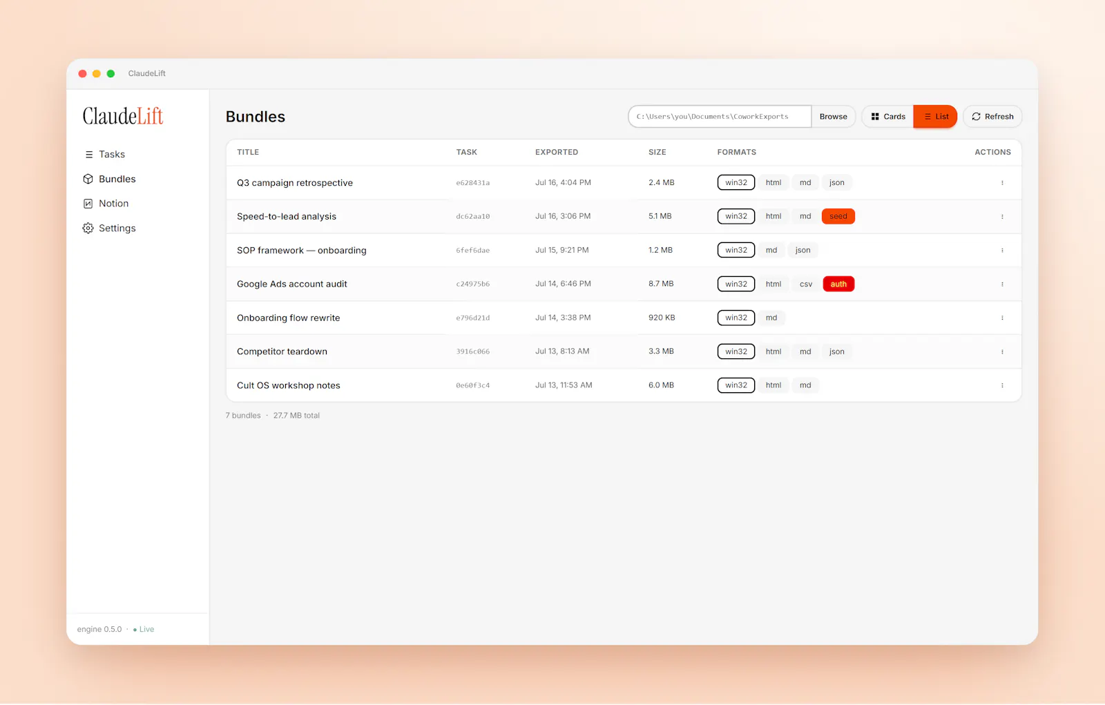 ClaudeLift , Git for Claude Cowork chats screenshot 2