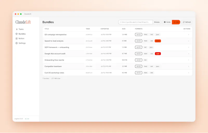 ClaudeLift , Git for Claude Cowork chats screenshot 2