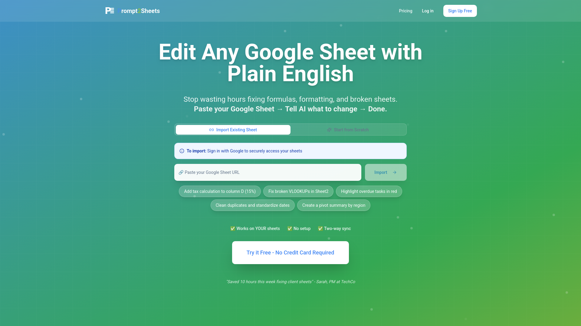 Prompt2Sheets - Lovable 4 Google Sheets - Main product screenshot demonstrating key features and user interface