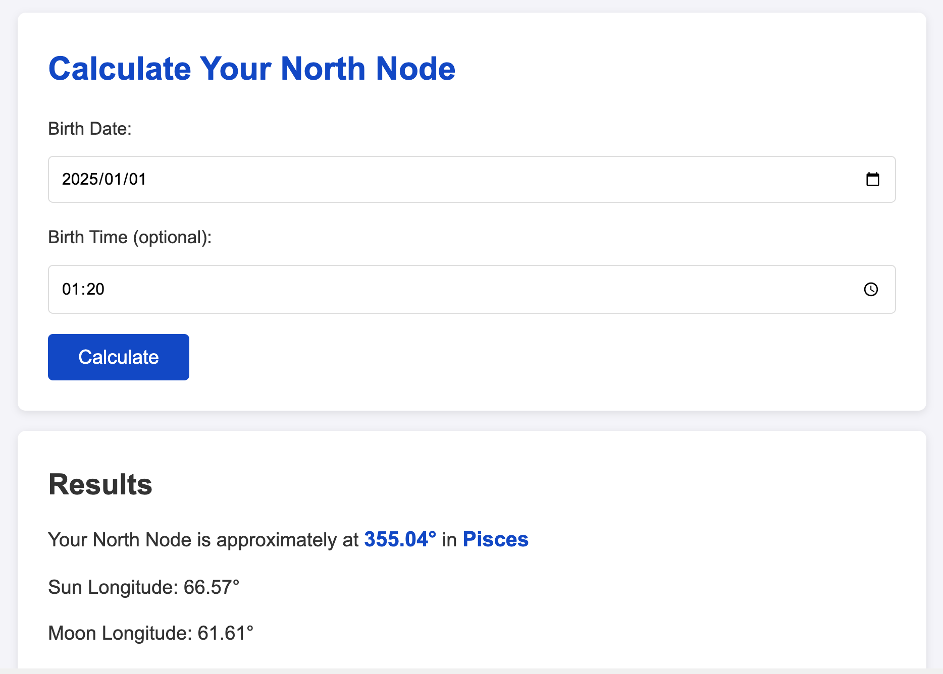 Calculadora de nodo norte - Encuentre su signo de nodo norte y posiciones planetarias media 3