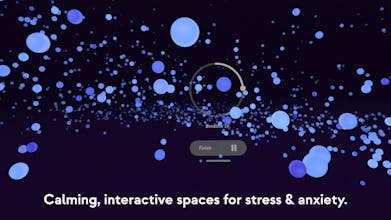 呼吸エクササイズ中のLungy: Spacesアプリのインタラクティブなジャーニー機能の活気溢れる視覚的表現。