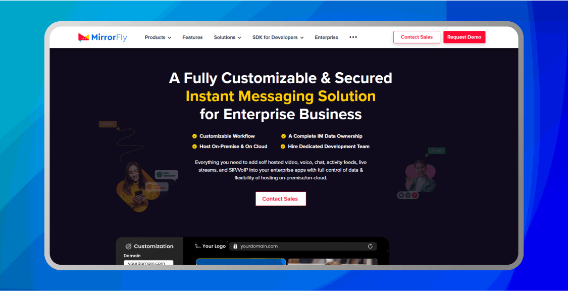 MirrorFly IM Software - Main product screenshot demonstrating key features and user interface