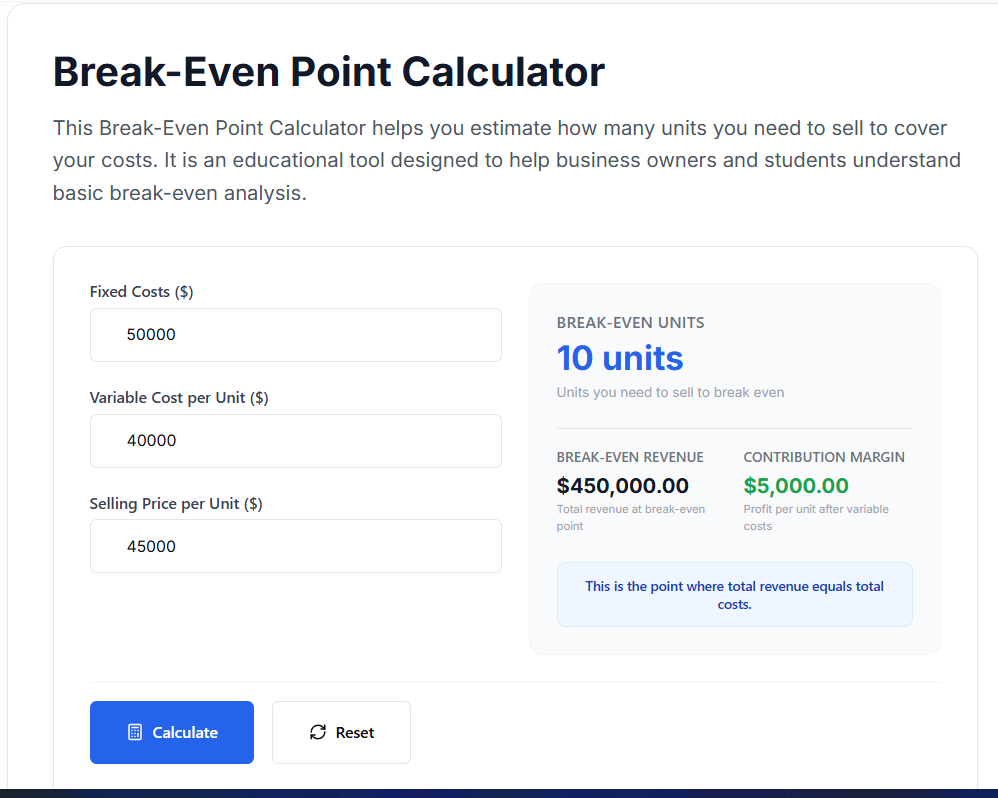 Break-Even Point Calculator - Main product screenshot demonstrating key features and user interface