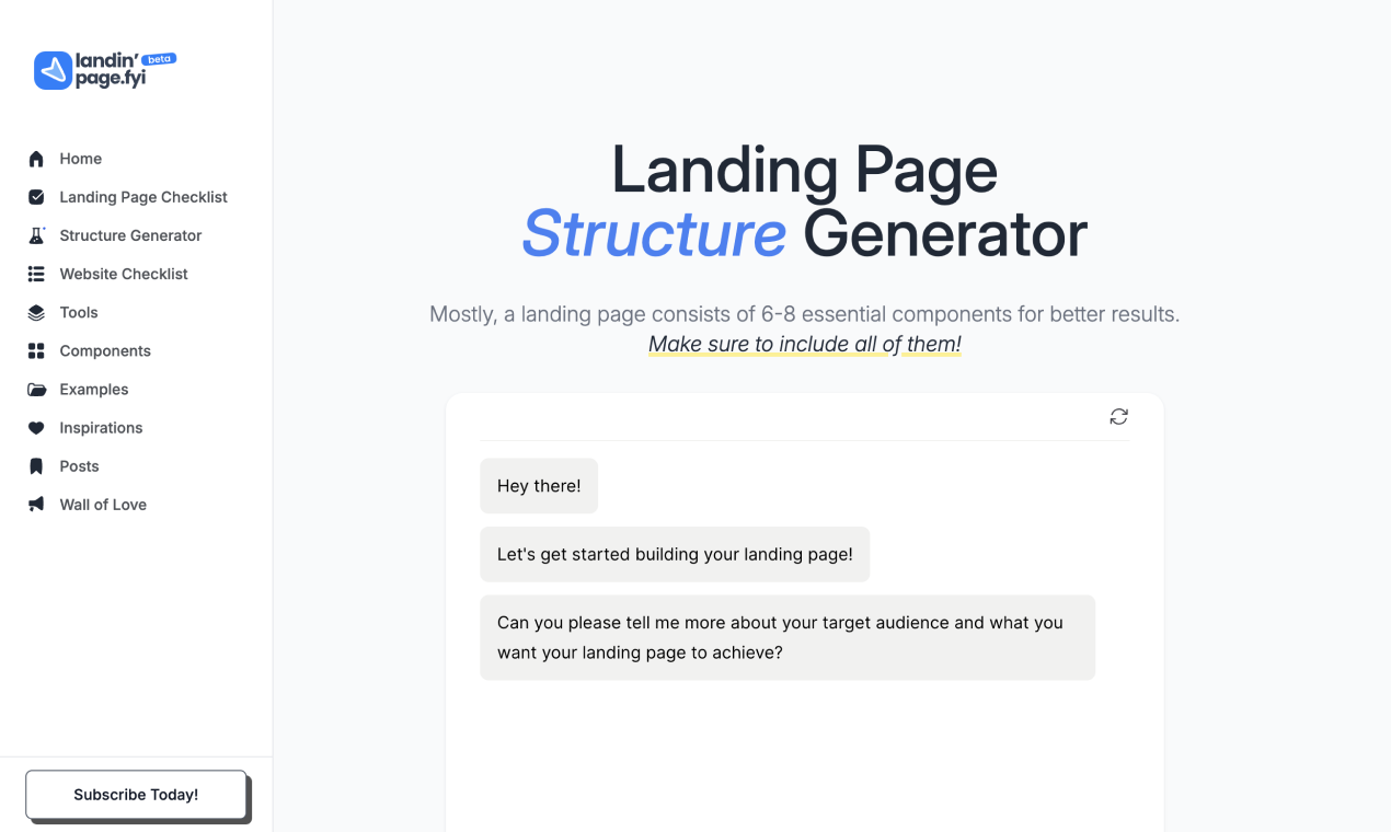 startuptile Landing Page Structure Generator-Component ideas formulas