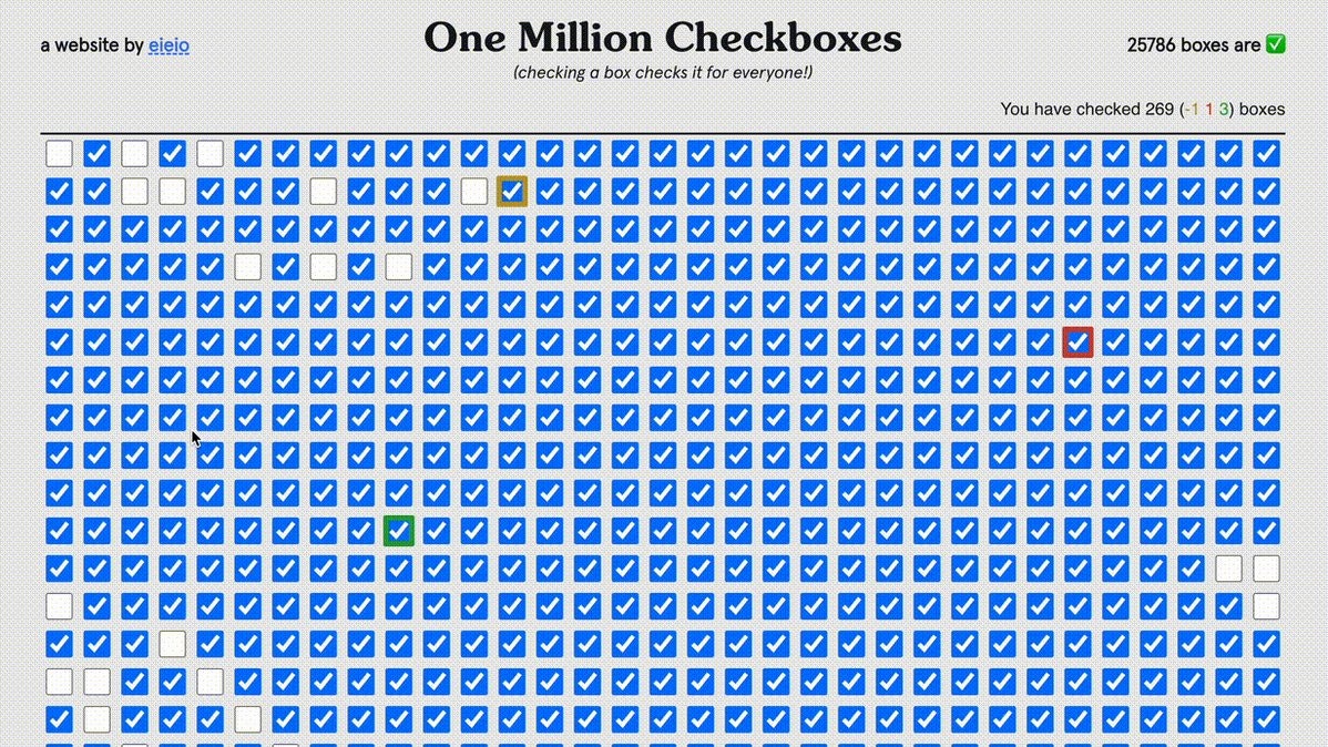 startuptile One Million Checkboxes-checking a box checks it for everyone.