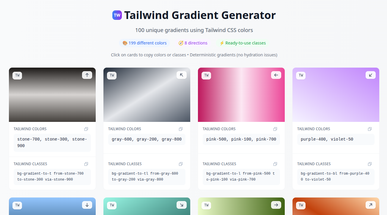 Mídia 2 de Gerador de gradiente de vento de cauda - 100 cartões com cores CSS de Tailwind