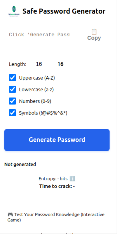 SafePasswordGenerator.net - Main screenshot showing features and interface