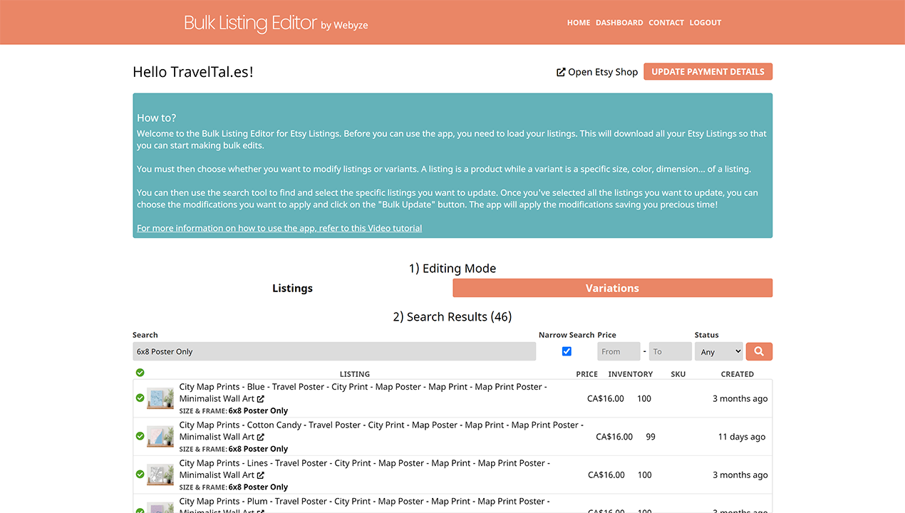 Etsy için toplu liste editörü - Etsy listelerinizi ve varyasyonlarınızı toplu olarak düzenleyin, zamandan tasarruf edin medya 2