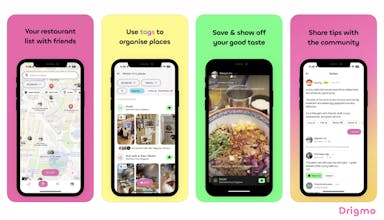 Drigmo 앱은 친구들에게 식당 발견을 저장하고 탐험하도록 동기를 부여합니다.
