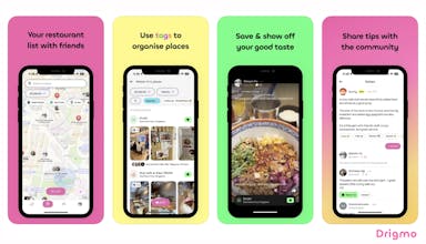 Aplicativo Drigmo inspirando amigos a economizar e explorar descobertas de restaurantes.