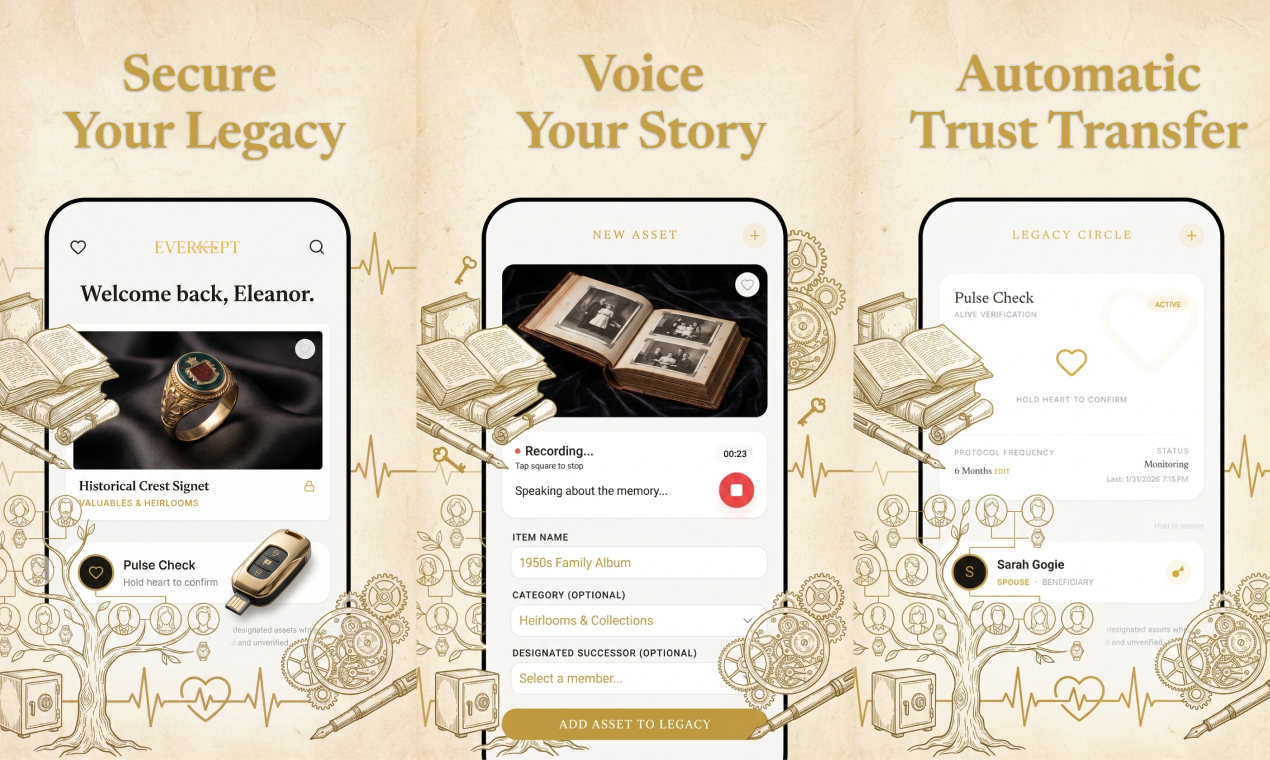 Everkept: Legacy & Asset Vault - Main product screenshot demonstrating key features and user interface