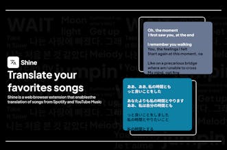 유튜브 뮤직 노래의 가사를 매끄럽게 번역하는 샤인 브라우저 확장 기능을 보여주는 그림입니다. 이미지는 다양한 다국어 멜로디를 나타내는 다른 언어로 가사가 변하는 것을 보여줍니다.