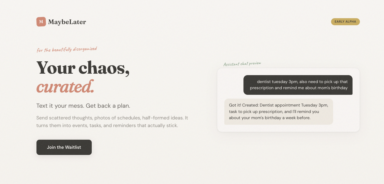 MaybeLater: Messy people's AI assistant - Main product screenshot demonstrating key features and user interface