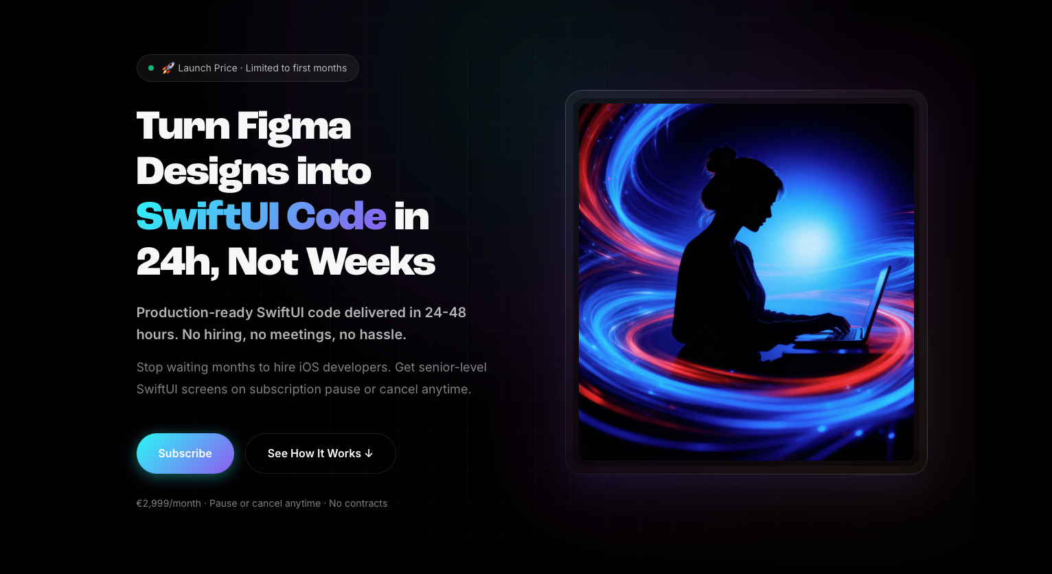 Figma to SwiftUI Service by Nativa - Main screenshot showing features and interface