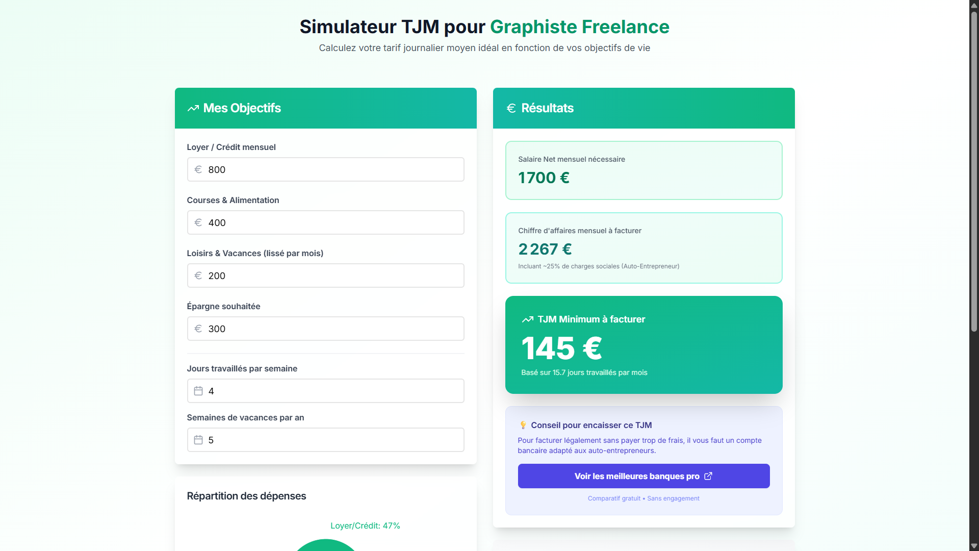 Simulateur TJM Freelance - Main product screenshot demonstrating key features and user interface