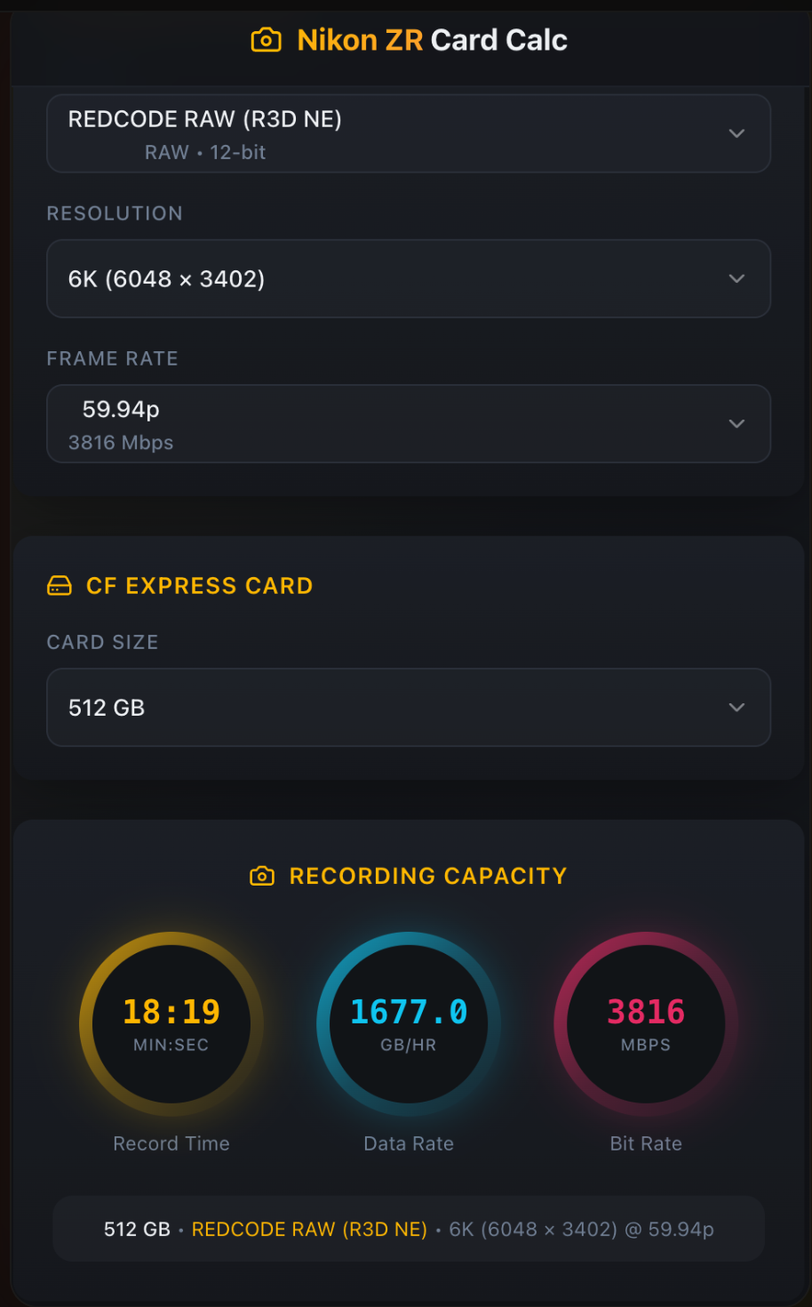 ZRCalc: NikonZR Cinema Card Calculator gallery image