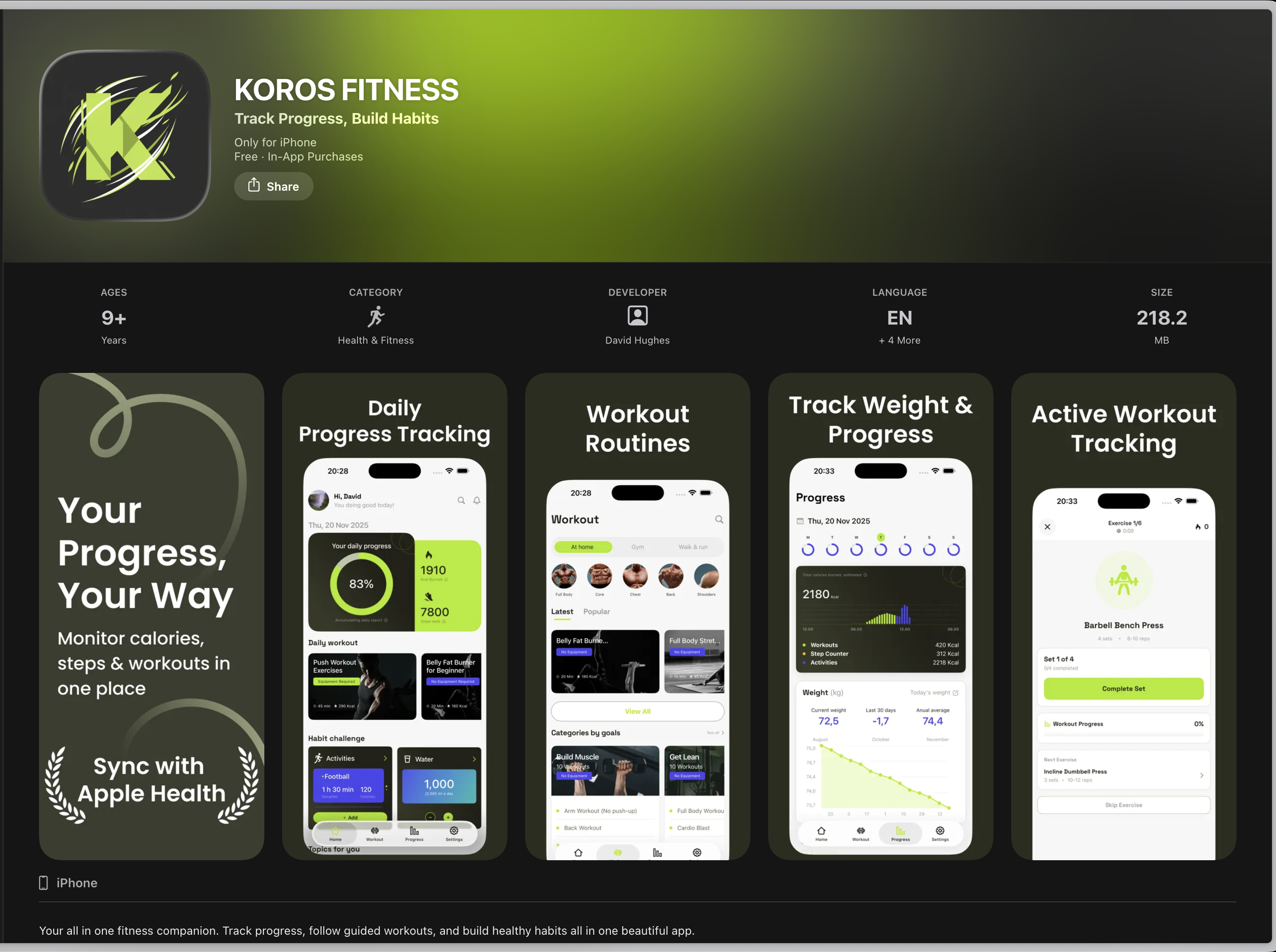 KOROS FITNESS - Main product screenshot demonstrating key features and user interface