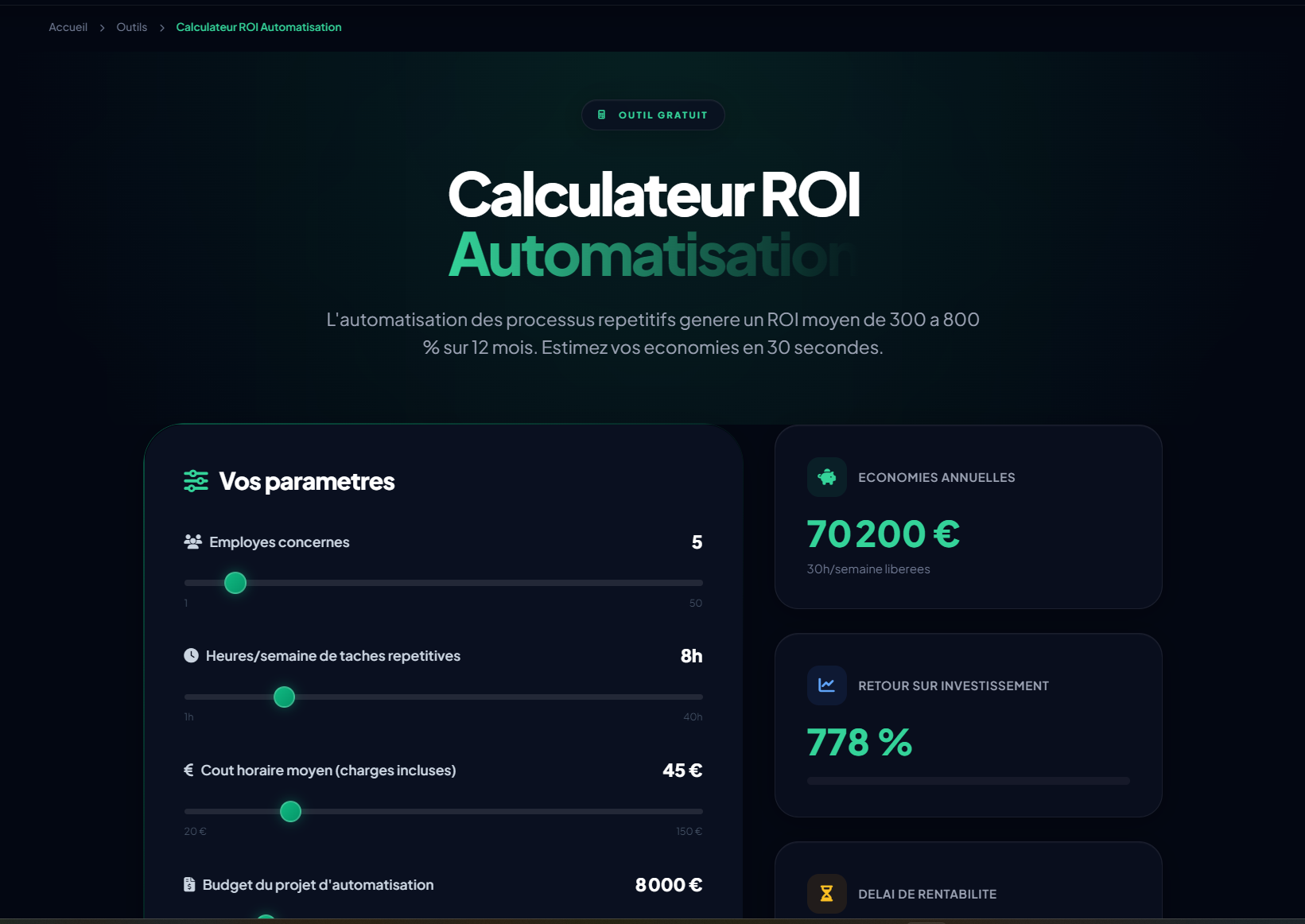 Calculateur ROI Automatisation - Main product screenshot demonstrating key features and user interface
