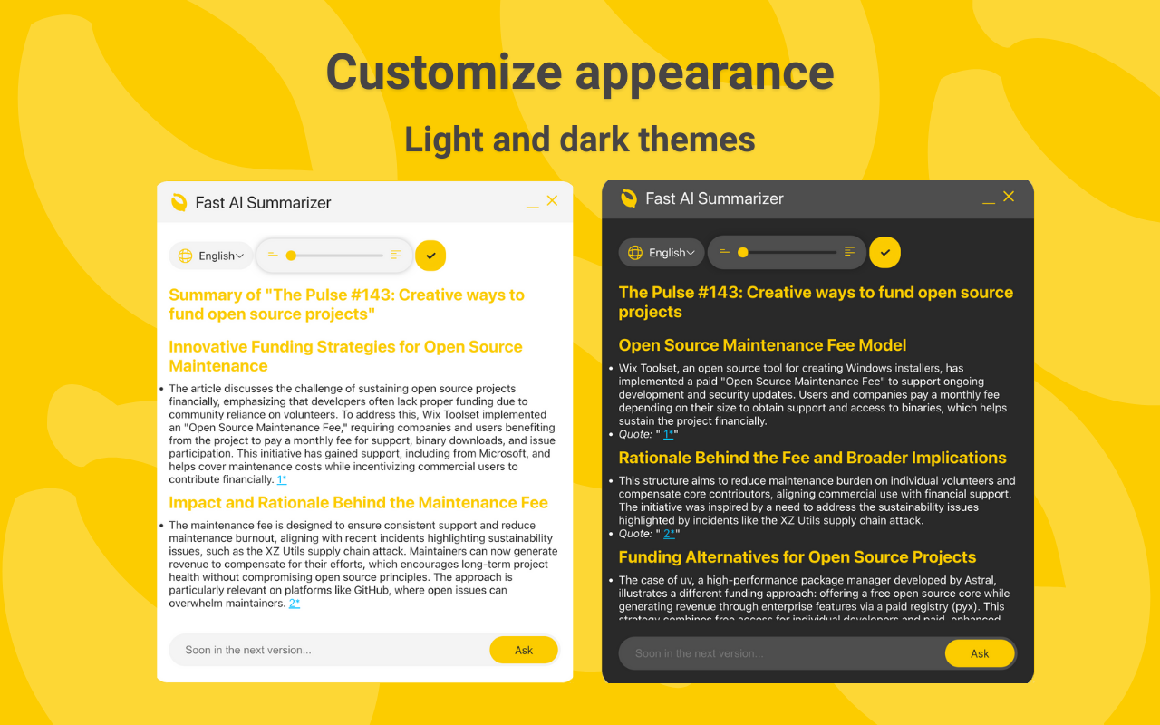 Summizzatore AI veloce EXT - Riepilogo della pagina web multilingue con citazioni, dimensionamento, tema media 4