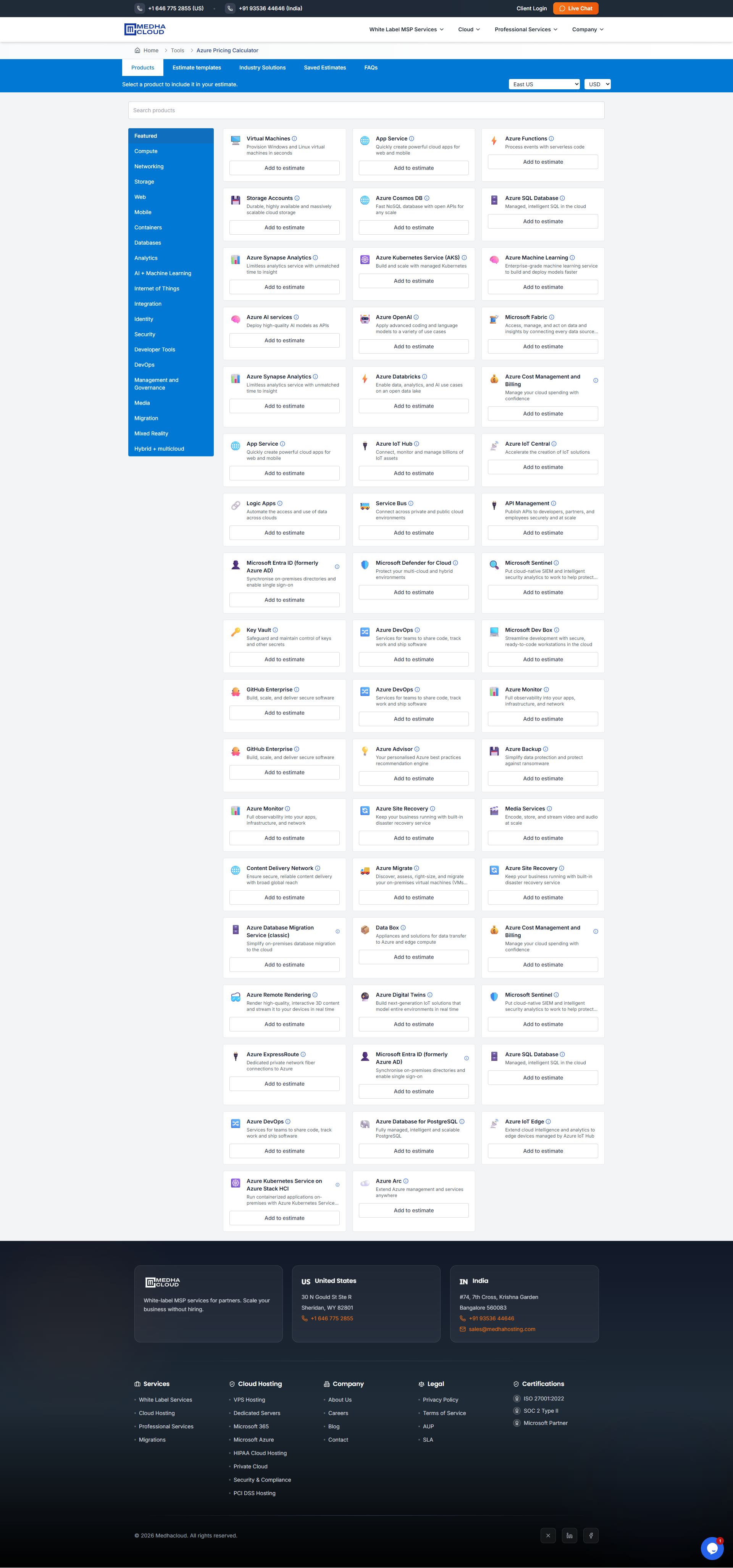 Azure Pricing Calculator by Medha Cloud - Main product screenshot demonstrating key features and user interface