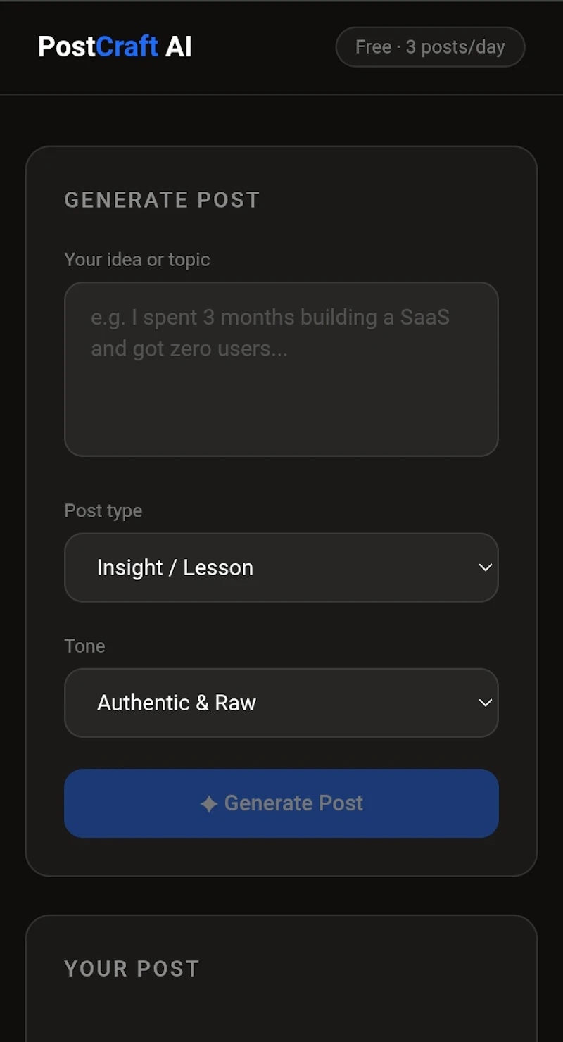 PostCraft AI — Free LinkedIn Post Writer screenshot 1