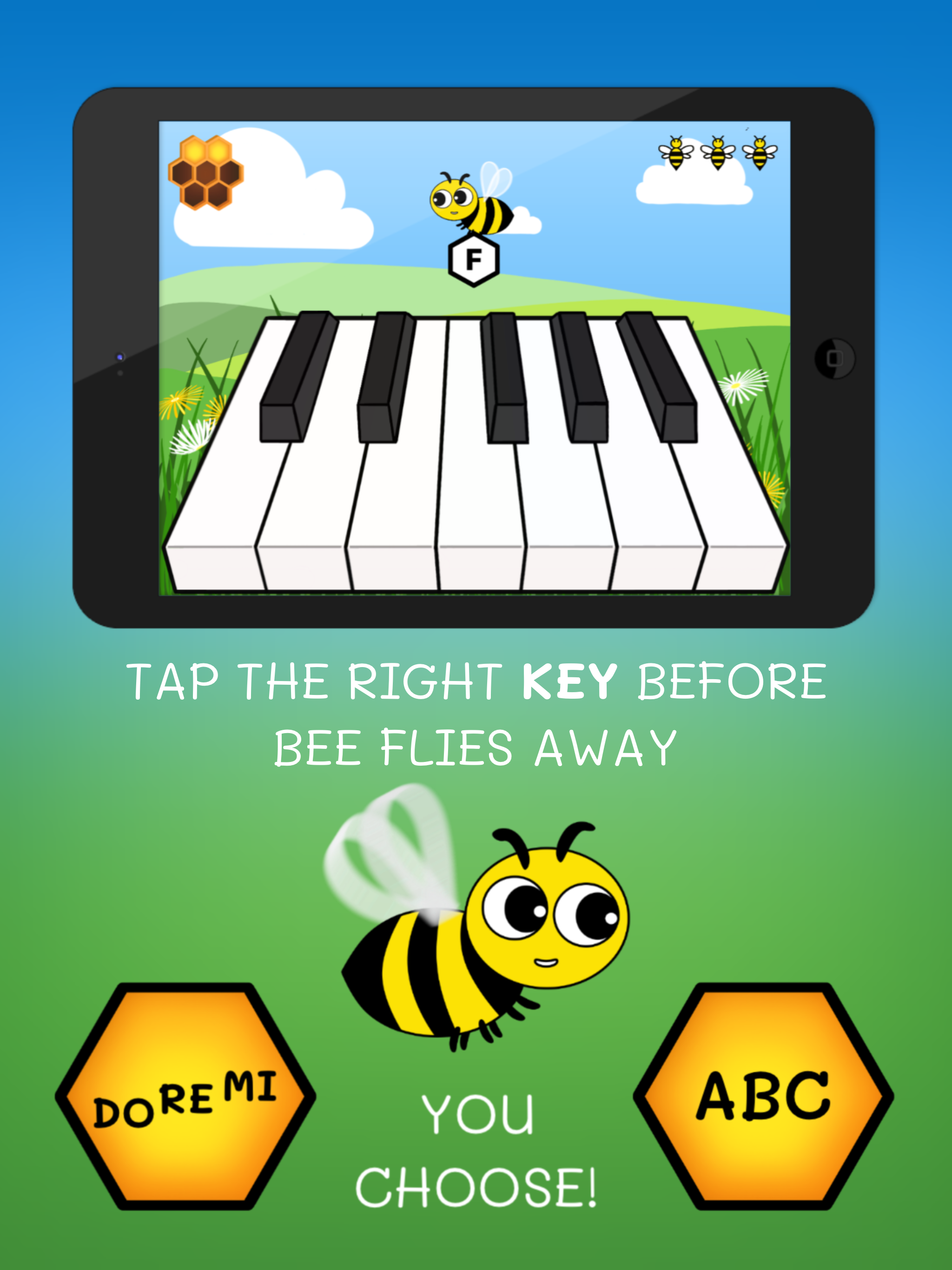 Media Kekunci lebah - Aplikasi iOS percuma untuk mengajar nama kunci piano 2