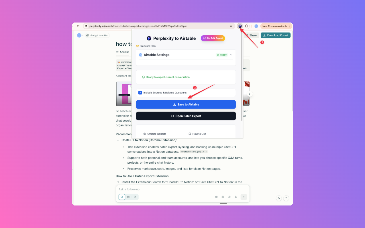 Perplexity to Airtable - Main screenshot showing features and interface