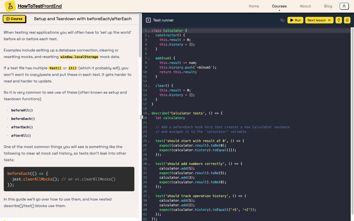 Free Vitest course (How to Test FE) - Screenshot 2 showing product features and functionality