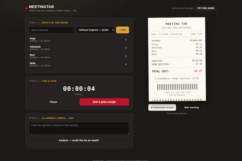 MeetingTab —  findOut meeting costs screenshot 2