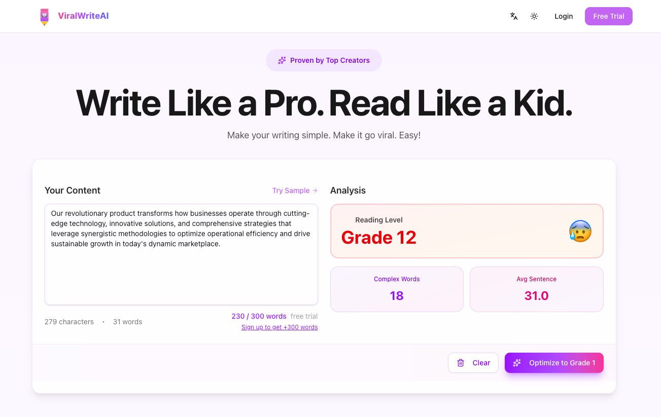 Viral Write AI - Main screenshot showing features and interface