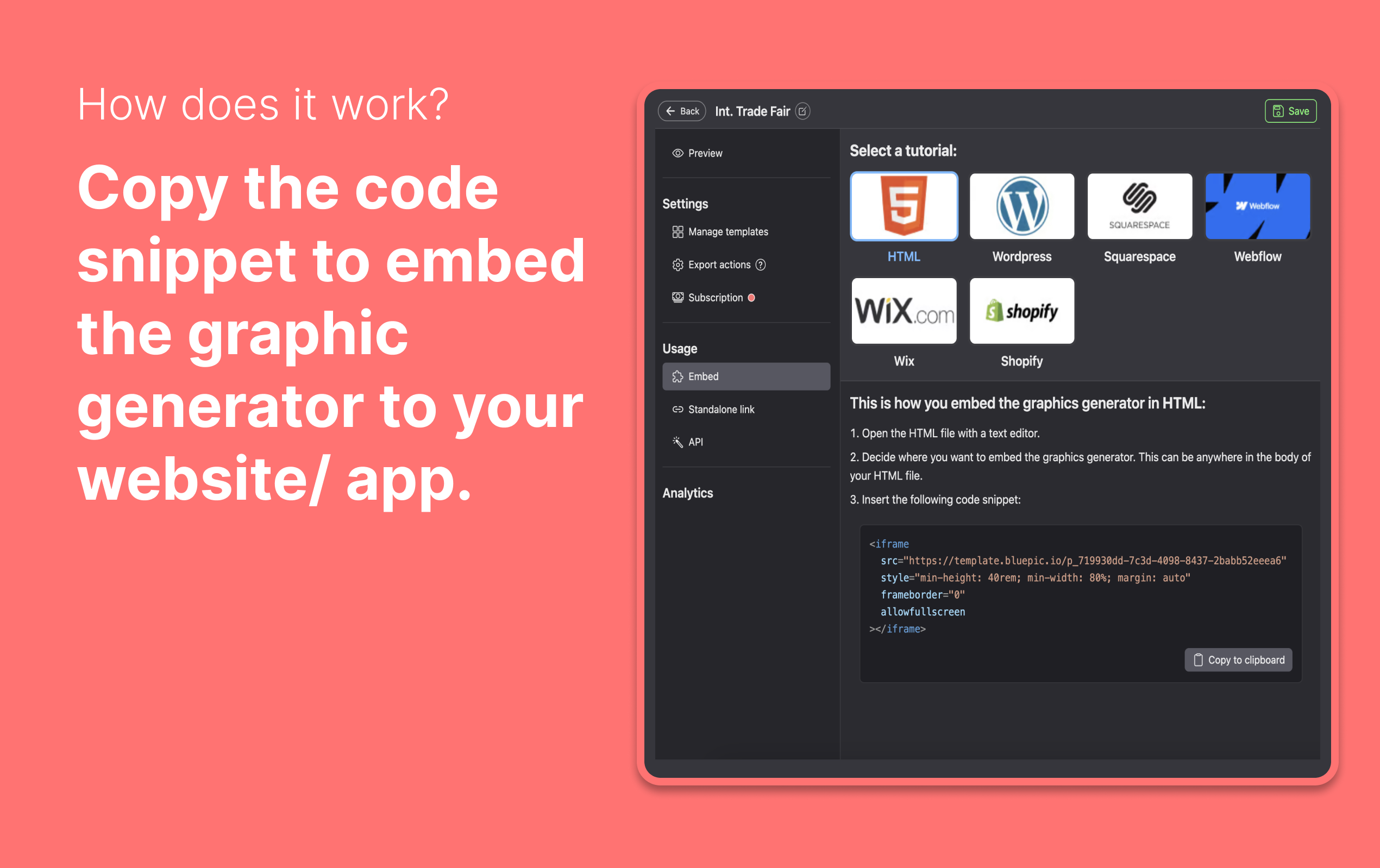 Incorporato bluepico - Incorporare generatori grafici di facile utilizzo su qualsiasi sito Web o app media 6