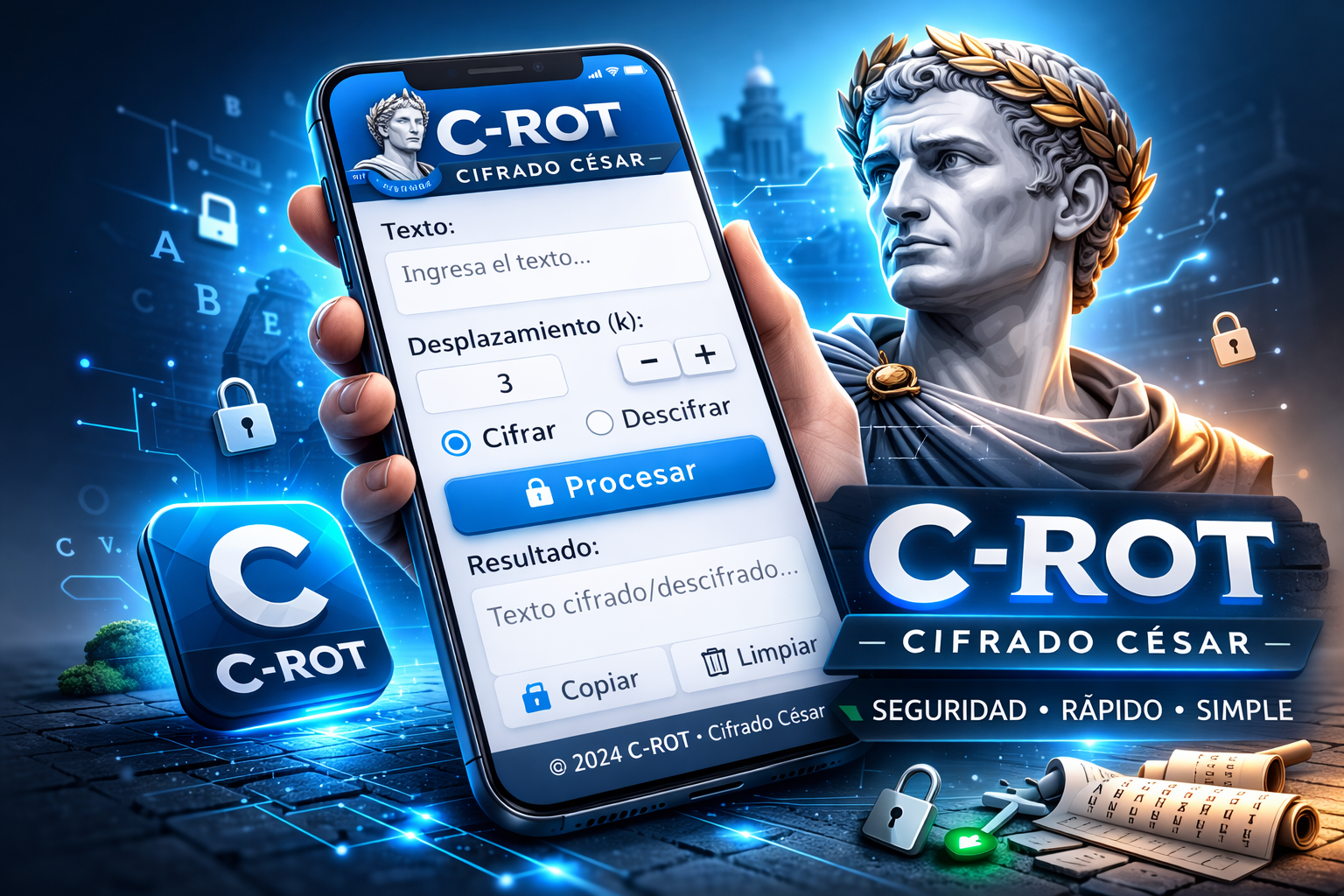 Cifrado César   C-ROT - Product Hunt launch logo and brand identity