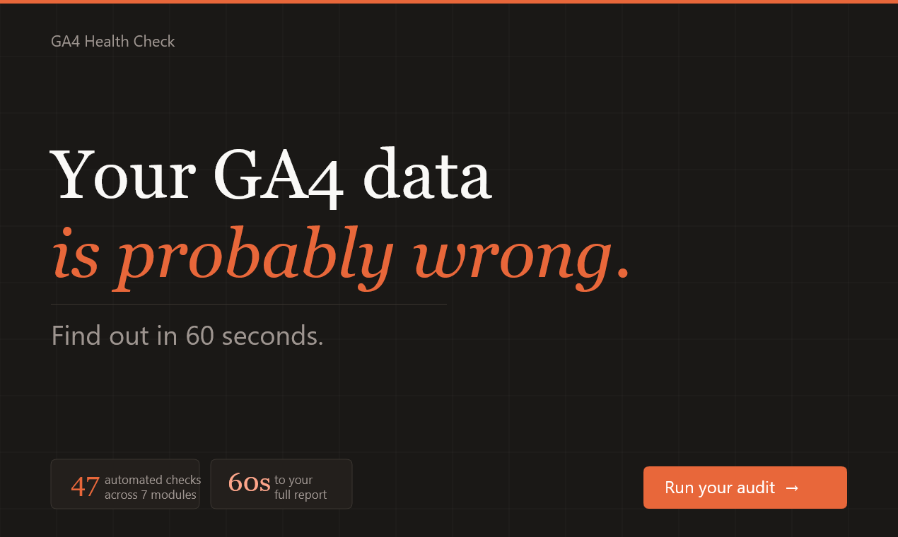 Native Ore Analytics - GA4 Health Check - Main product screenshot demonstrating key features and user interface