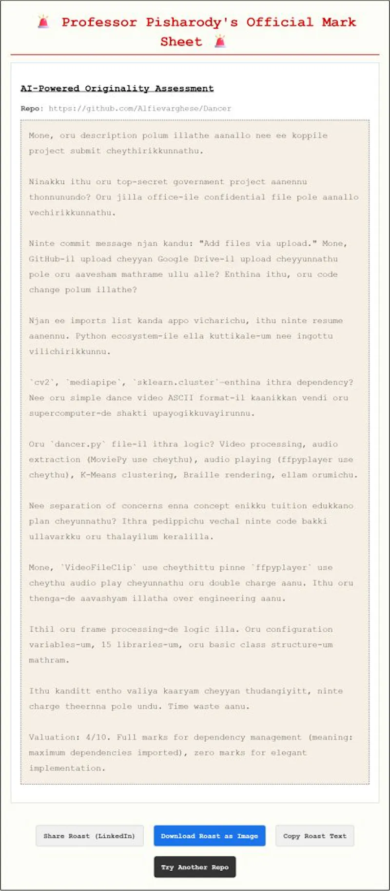 Koppile Sannam — AI Repo Roaster screenshot 2