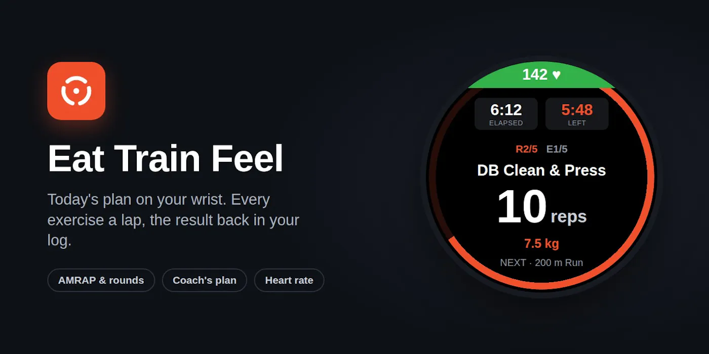 Eat Train Feel's Garmin watch app showing today's exercise, DB Clean & Press, 10 reps