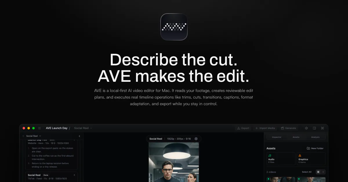 startuptile AVE-Local-first AI video editor for Mac