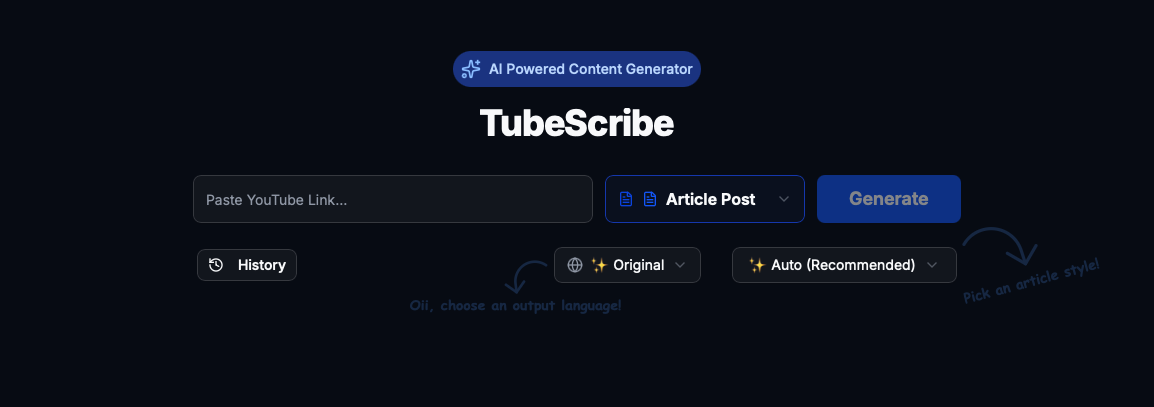 TubeScribe - Main product screenshot demonstrating key features and user interface