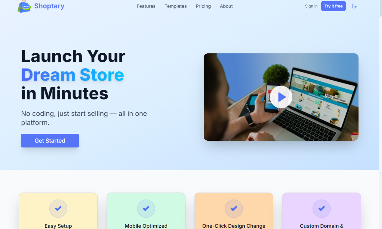 Shoptary - No-Code Store Builder - Main product screenshot demonstrating key features and user interface
