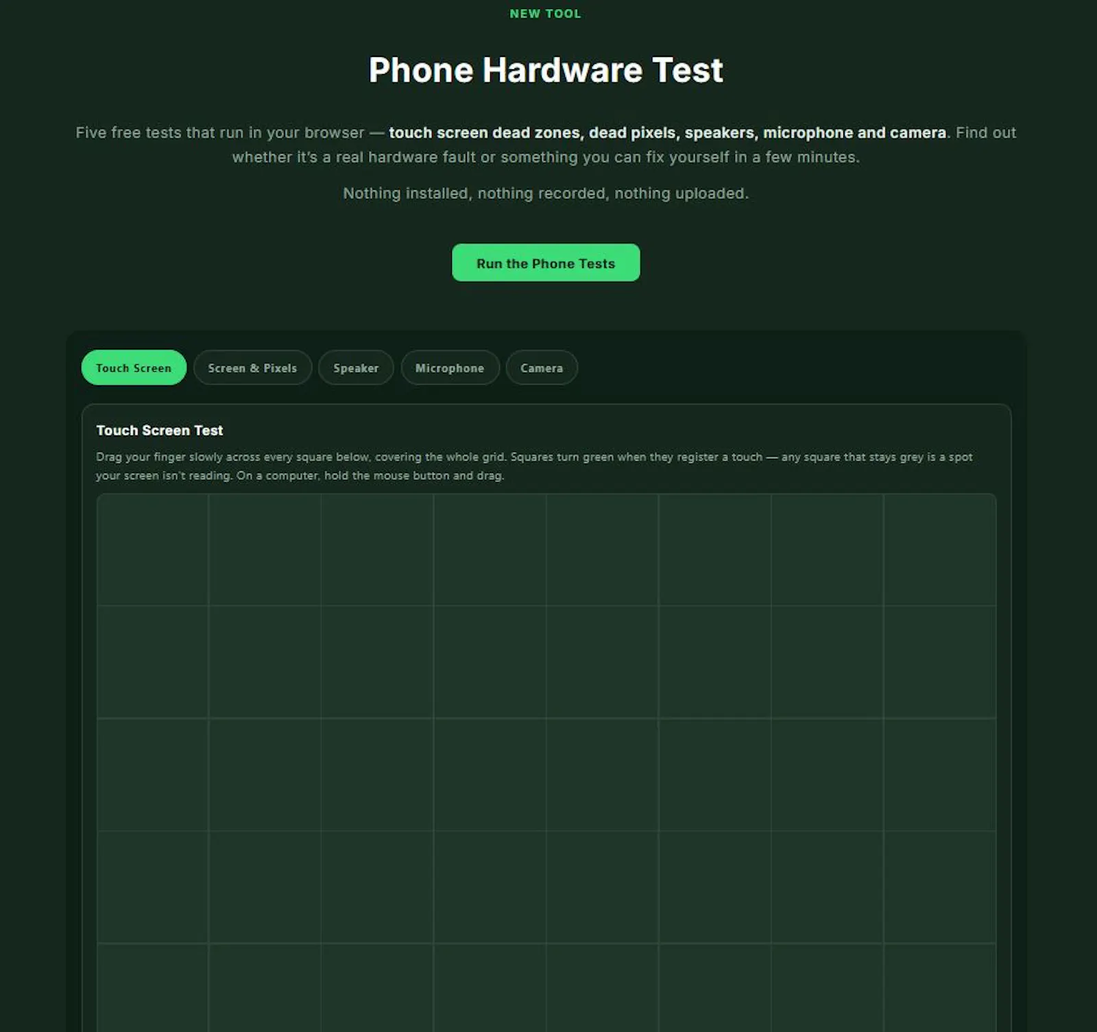 Phone Test browser-based hardware check screenshot 2
