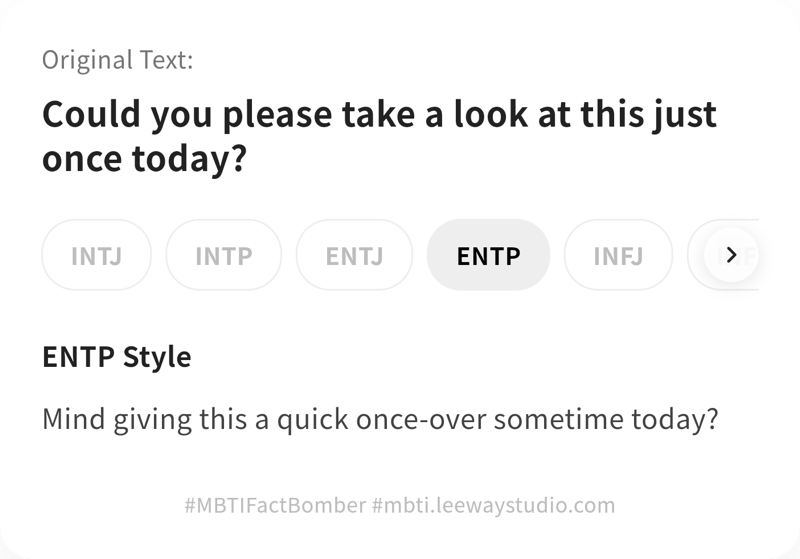 MBTI Fact Bomber - Screenshot 3 showing product features and functionality