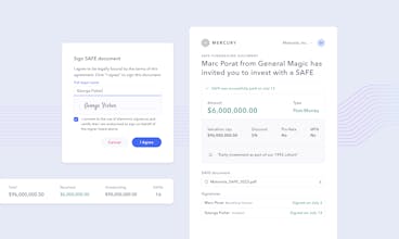 Streamlined Fundraising Process - An image illustrating the simplified and intuitive process of raising funds for a startup using Mercury&rsquo;s SAFE platform. The image showcases essential documents, signatures, and payment tracking features.