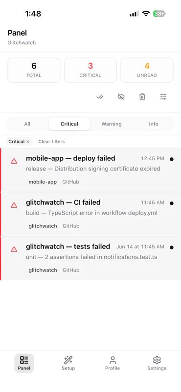 Glitchwatch — CI and deploy alerts 截图