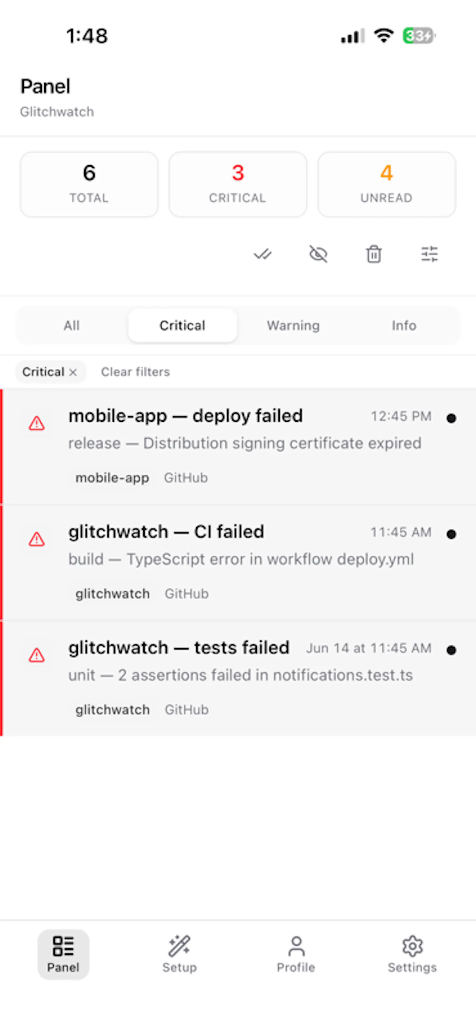 Glitchwatch — CI and deploy alerts screenshot 1