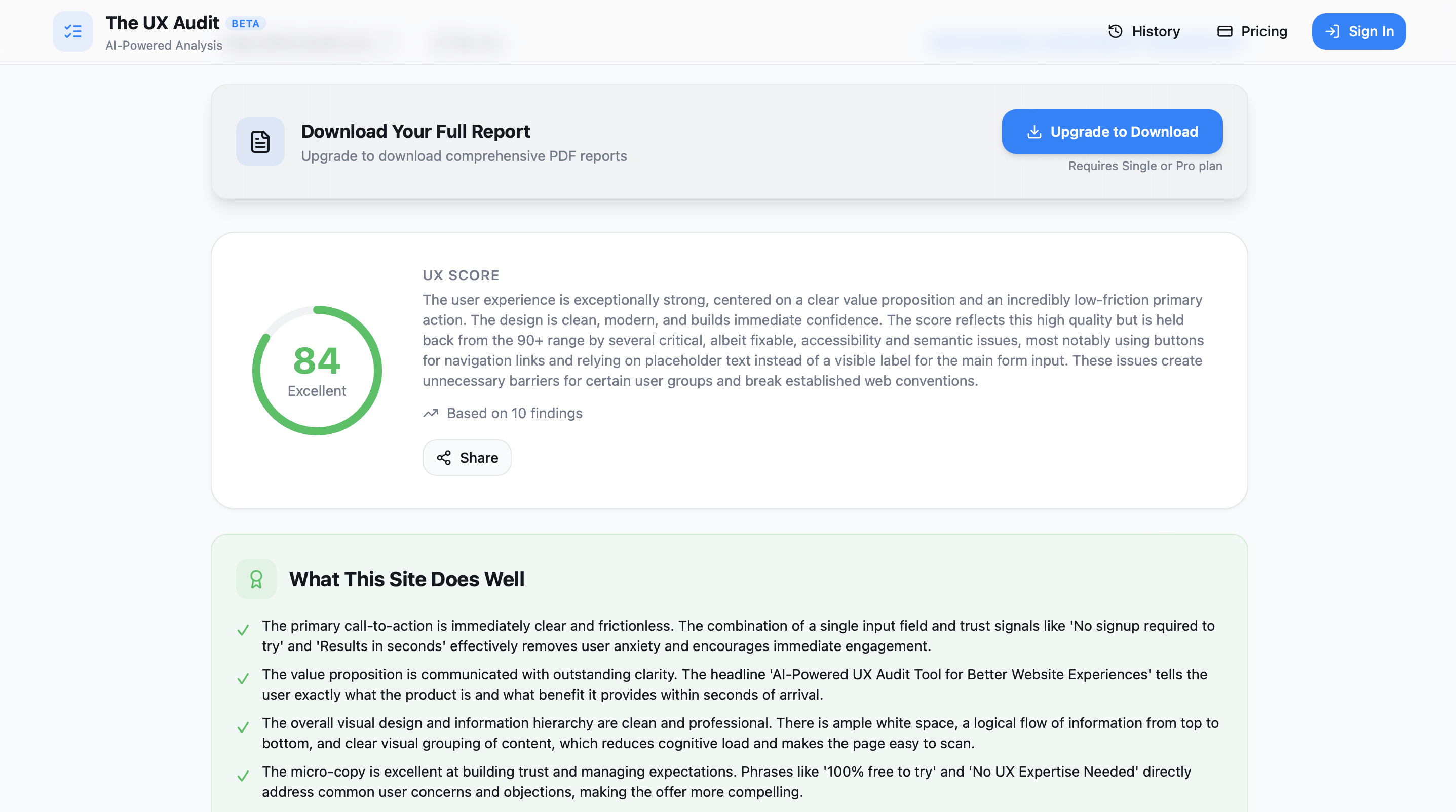 The UX Audit - Screenshot 3 showing product features and functionality