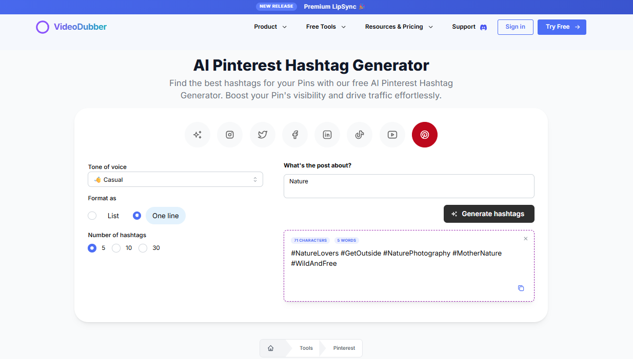 Pinterestハッシュタグジェネレーター - Pinterest用の無料ツール|videodubber.aiメディア2