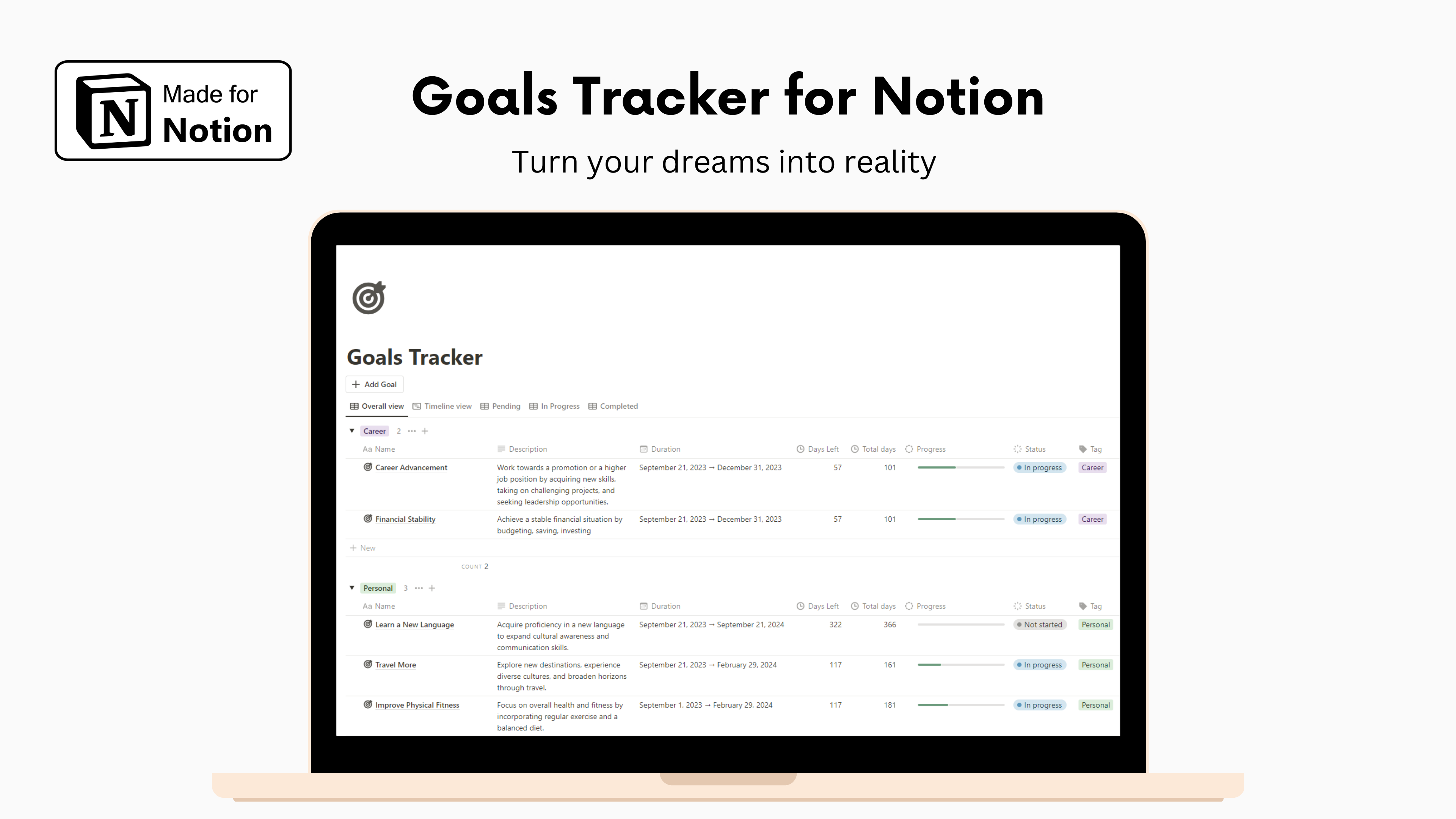 Doelen tracker voor notie - Verander je dromen in realiteit |Stel en volg doelen voor 2024 media 2