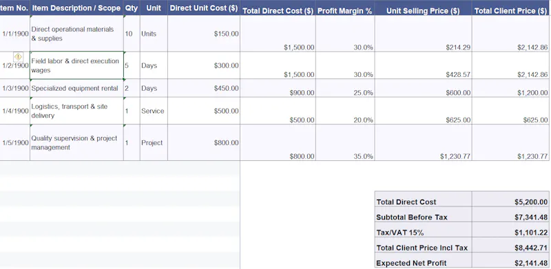 Project Costing & Quotation Pack screenshot 1
