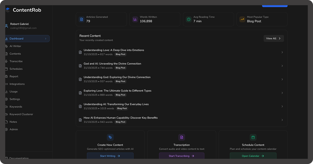 ContentRob-Social videos to SEO articles - Main screenshot showing features and interface