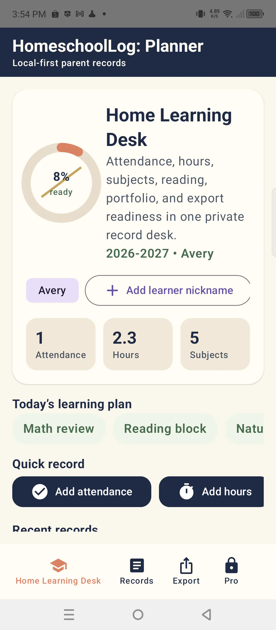 HomeschoolLog: Planner screenshot